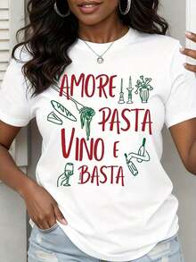 1 Piece Italian Food Lovers T-Shirt "Amore Pasta Vino E Basta" For Women, White, Casual, With Pasta, Wine And Love Design, 180g, 100% Cotton. - 白色 - 查看 8