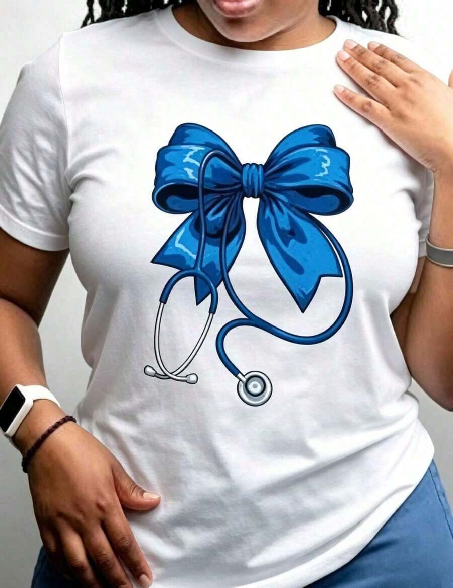 1 Women's Black T-Shirt With Stethoscope And Blue Bow Print, Round Neck, Casual Cotton, Medium Elasticity Knit Fabric, Regular Fit For Ladies, Ideal For Nurses Week, Mother's Day, Independence Day, Women's Day In Spring/Summer/Autumn. - 白色 - 查看 1