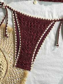 Conjunto de bikini de 2 piezas para mujer de verano con tela jacquard de unicolor, volantes en el borde y tirantes ajustables - Rojo 2 - Ver 5