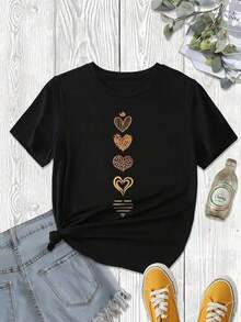 Women's Plus Size Casual Short Sleeve T-Shirt With Heart Print, Black, Loose Fit, 100% Cotton - 黑色 - 查看 2