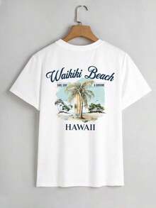 Camiseta de Verano para Mujer con Estampado de Palmeras y Surf, Ideal para Vacaciones en la Playa, Cuello Redondo, Manga Corta, Uso Casual Diario, 100% Algodón - Blanco - Ver 2