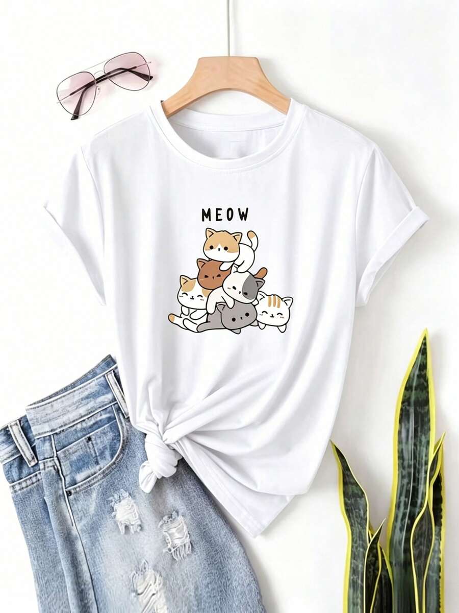 Women's T-Shirt With Cute Kawaii Cat Print And Meow Lettering, Short Sleeve, Round Neck, Casual Korean Style Fashionable Youth Top - 白色 - 查看 1