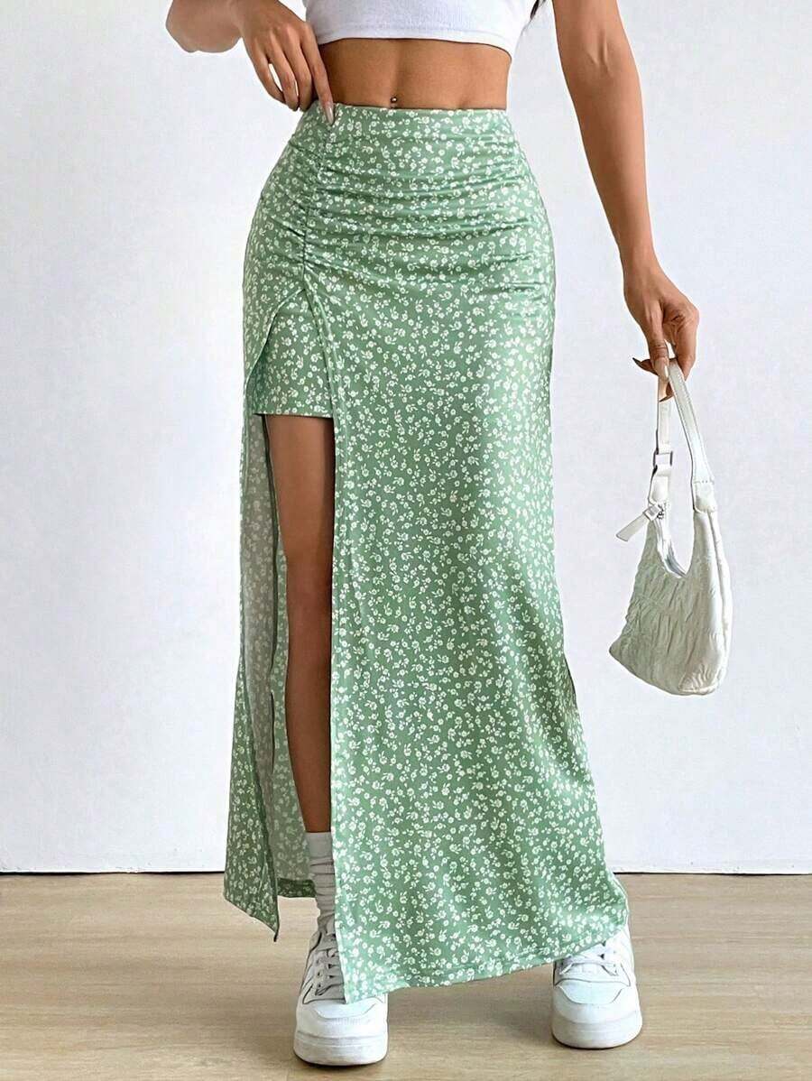 Falda larga con diseño floral pequeño y abertura en el dobladillo - Verde - Ver 1