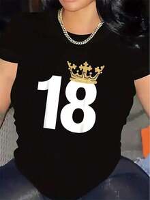 Gold T-Shirt For 18th Birthday Party | Durable And Comfortable, Ideal For Indoor Celebrations, Festive Attire, Lightweight And Stylish Fabric, Round Neck, Medium Stretch Fabric - 黑色 - 查看 1