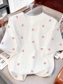 Camiseta casual de mujer con cuello redondo y estampado de lunares - Blanco - Ver 3