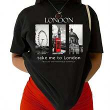 100% cotton Camiseta de Manga Corta con Estampado de Londres, Top Casual de Cuello Redondo para Primavera y Verano, Ropa de Mujer - Negro - Ver 1