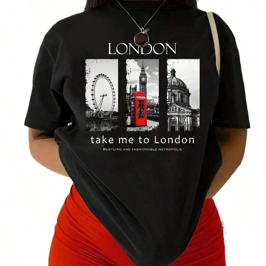 100% cotton Camiseta de Manga Corta con Estampado de Londres, Top Casual de Cuello Redondo para Primavera y Verano, Ropa de Mujer - Negro - Ver 1