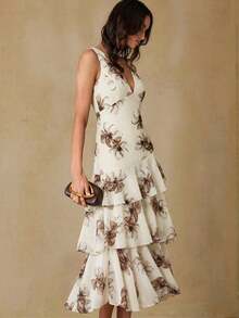 Aveloria Revavyn Vestido maxi elegante y grácil de mujer con escote en V profundo y sin mangas, de gasa ligera con estampado floral romántico, con cintura ceñida y dobladillo con volantes en capas, adecuado para citas, vacaciones, lujo y delicadeza - Multicolor 2 - Ver 4