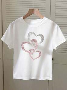 Camiseta de mujer de manga corta y cuello redondo con bordado de lentejuelas en forma de lazo, 56% algodón, estilo minimalista de moda, regalo para amigos - Blanco 3 - Ver 3