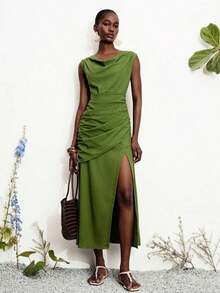 Vestido sin mangas de unicolor y minimalista para mujer, uso diario casual - Verde - Ver 3
