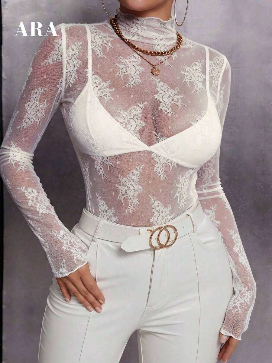 Blusa negra sexy de manga larga con encaje elástico para mujer , con cuello alto, patrón floral transparente, elegante y con capas, ideal para primavera-verano, resort y citas - Blanco - Ver 1