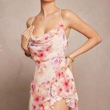 Women's Floral Print Ruffle Trim Asymmetric Hem Elegant Camisole Dress - Negro - Ver 10