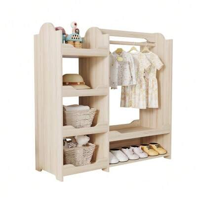 Children's Wardrobe With Hanging Rail And 4 Shelves, Ideal For A Child's Room. Freestanding Wardrobe Made Of Natural Wood, 110 X 39 X 110 Cm.