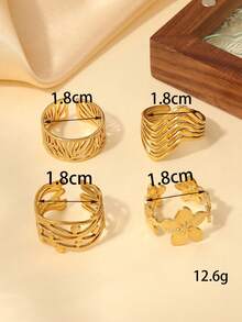 4pcs/Set Stainless Steel Gold 5-Petal Flower Open Ring Set, Suitable For Daily Wear Or As Gift For Friends - Yellow Gold - View 5