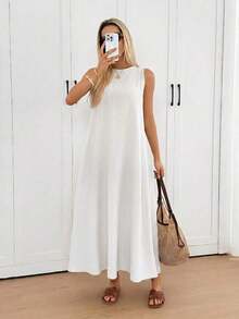 Vestido midi holgado sin mangas con espalda plisada, bajo irregular, silueta en A, tela de crepé texturizada, uso casual, relajado y elegante para la oficina/vacaciones para mujeres, primavera/verano - Blanco - Ver 6