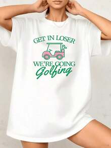 Camiseta Casual de Golf para Mujer, 220g, Divertido Diseño de Carrito de Golf, 100% Algodón, 1 Pieza, Estilo Preppy, Estampado Gráfico, Camiseta Holgada y Versátil de Manga Corta para Mujer - Blanco - Ver 1