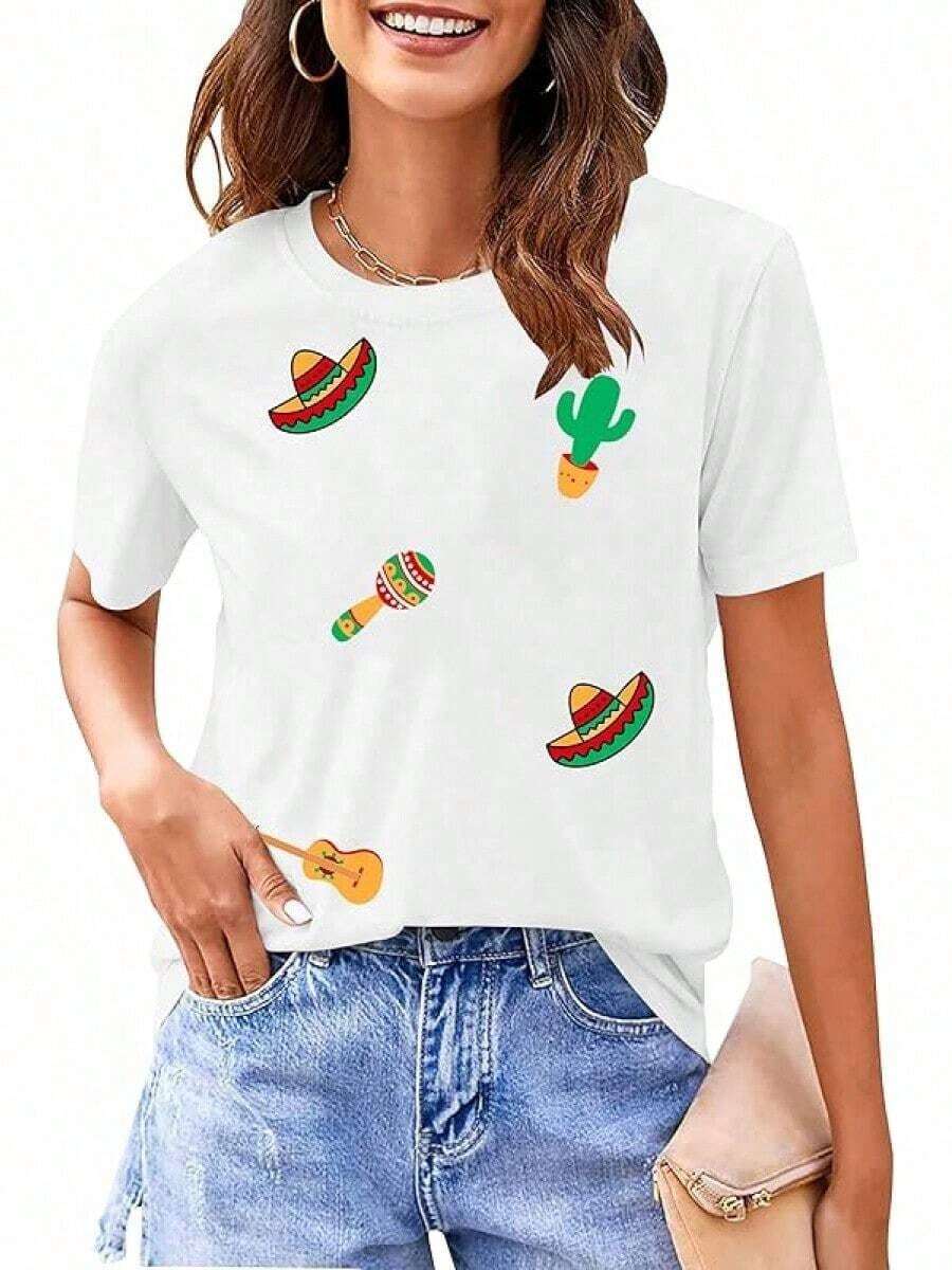 Cinco De Mayo T-Shirt For Women: Let's Fiesta Shirts Funny Mexican Party Tee Sombrero 5 De Mayo Graphic Tops - Ideal For Summer - 234-白帽子2 - 查看 1