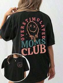Valentine's Day Outfits For Women, Summer Tops For Women, "Mom Club" Graphic Design, Round Neck, Short Sleeves, Simple And Casual Style For Everyday Wear, Black, Plus Sizes, Women's Tops, "Mom's Birthday" Graphic Design, Fun Summer Clothes For Women, Face And Letter Patterns, Loose And Comfortable Summer Tops, Benito Bowl Tops. - 黑色 - 查看 12