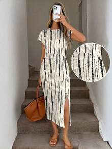 Vestido midi casual de mujer con estampado de lunares, cintura retorcida y abertura alta sin mangas; Vestido ajustado texturizado casual de mujer; Conjunto de fitness de mujer; Vestido de invitada de boda de mujer; Atuendo de oficina de mujer - Multicolor 2 - Ver 7