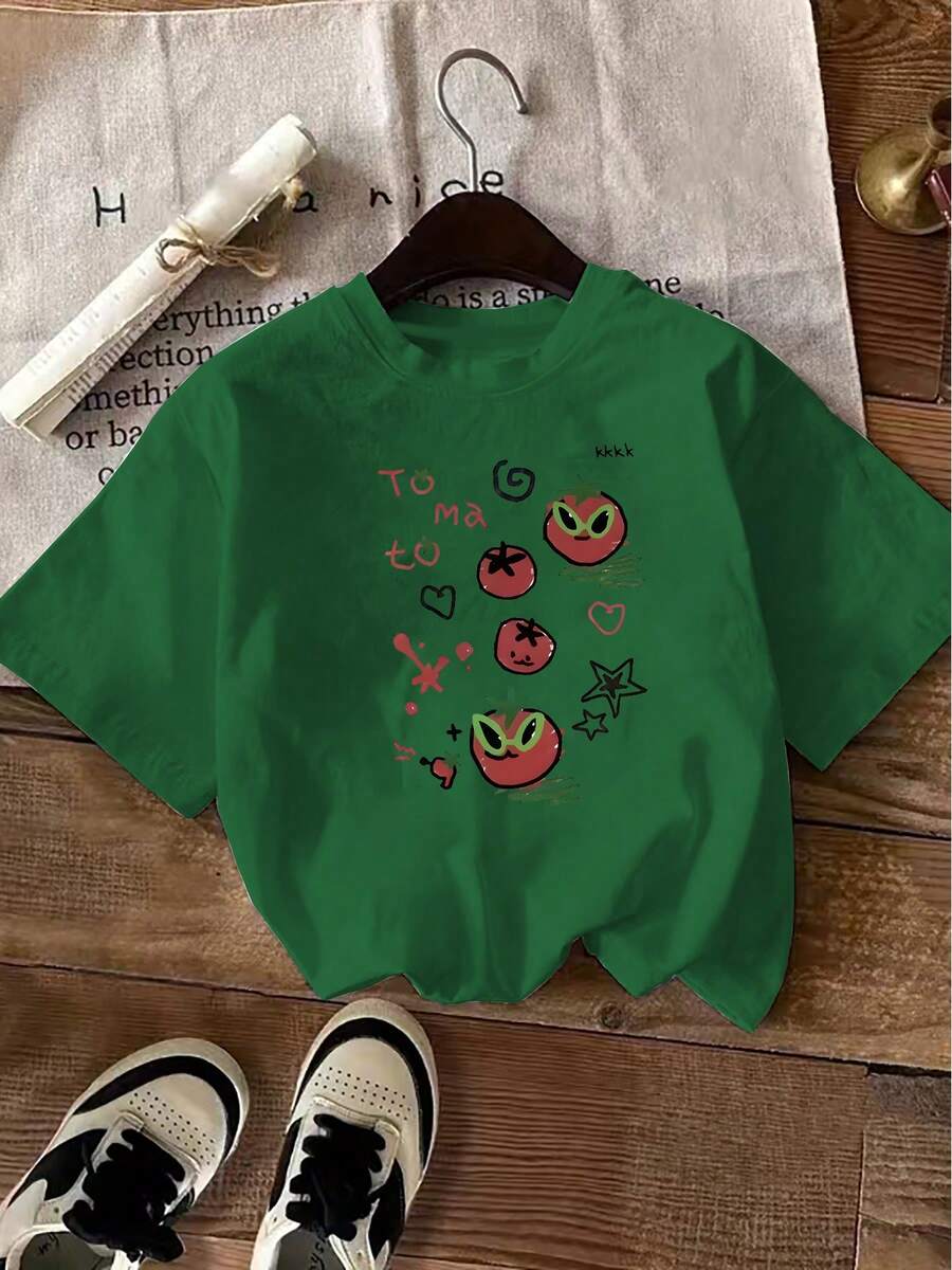 Patrón de expresión de tomate estilo caricatura combinado con estrellas, corazones y otros símbolos decorativos. Nueva camiseta de verano para mujer, camiseta de manga corta, camiseta estampada casual y a la moda para mujer, ropa elegante para mujer - Camiseta de algodón holgada de manga corta con cuello redondo estilo vintage urbano unisex, blusas para mujer. blusas.blusas casuales para dama. - Verde - Ver 1