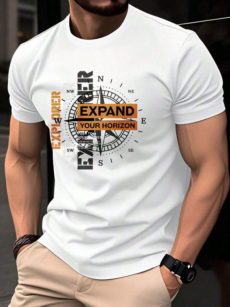 Men's Cotton T-Shirt, Summer Short Sleeve, Slim Fit Top, Modern Fashion Slim Fit Round Neck Breathable, Everyday And Versatile, Compass And Letter Print, Unique And Fun Elegant Style RJ12 - 白色 - 查看 1