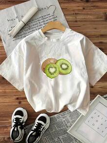 Camiseta Casual para Mujer con Estampado Gráfico de Kiwi - Camiseta de Manga Corta, Suave y Transpirable, Cuello Redondo, Corte Relajado para Verano y Primavera, Lavable a Máquina para Uso Diario, 100% Algodón, Duradera - Blanco - Ver 7