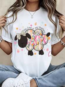 Camiseta de Cuello Redondo para Mujer con Estampado de Oveja y la Frase "El Señor Es Mi Pastor", Manga Corta, Estilo Casual de Verano, Camiseta Gráfica con Temática Religiosa para Mujer, Blusas para Mujer - Blanco - Ver 7