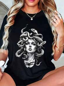 1 Camiseta de Moda Casual para Hombre y Mujer con Estampado de Medusa - Tela Suave, Manga Corta, Cuello Redondo, Elástica, de Secado Rápido y Duradera, Negra con Diseño de Serpiente Blanca y Retrato Femenino. Versátil, fácil de combinar, adecuada para uso diario, estilo urbano, ropa de vacaciones, ropa de fin de semana. - Negro - Ver 6
