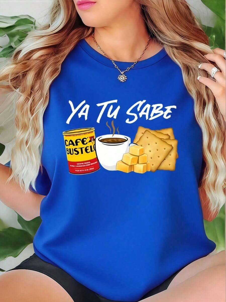 New Women's 100% Cotton T-Shirt With The Inscription "Ya Tu Sabe", 180g Heavy Cotton T-Shirt For Women (1 Piece) - Unisex Street Style Vintage T-Shirt, Loose Fit, Short Sleeve And Round Neck. - 藍色 - 查看 1
