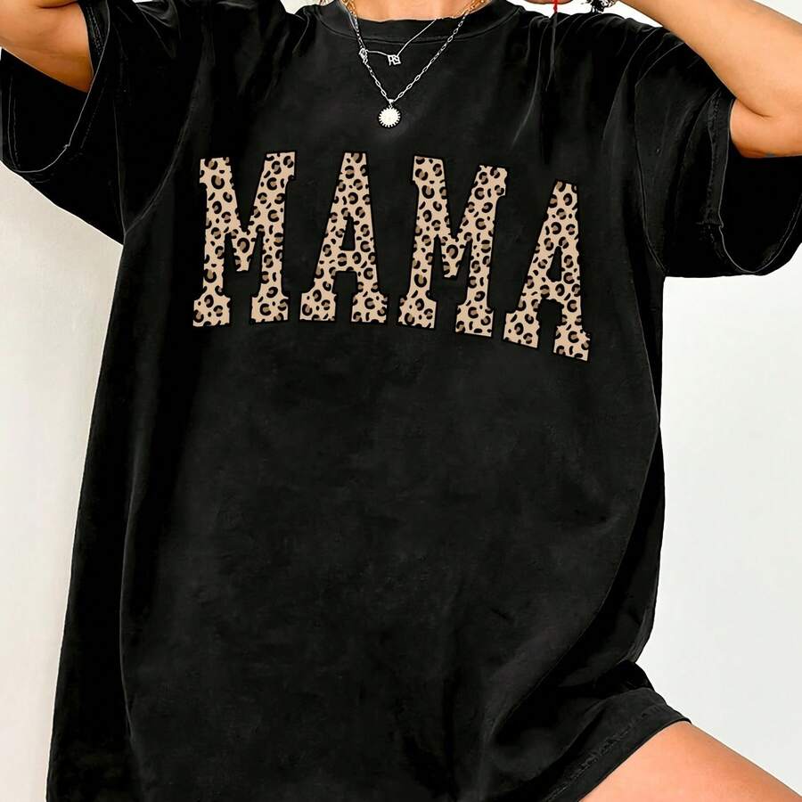 Women's Casual Short Sleeve Slogan Print T-Shirt, Round Neck And High Elasticity, Plus Size - 黑色 - 查看 1