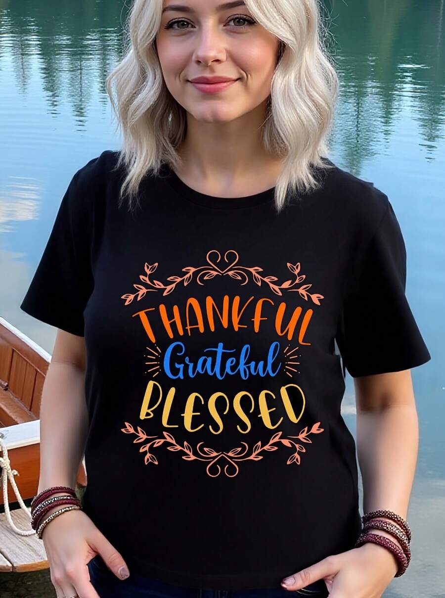 Natee Women's T-Shirt 100% Cotton 180gsm "Grateful, Blessed, Of Christian Faith" - Black With Orange And White Lettering, Floral Wreath Design And Bible Verse (Psalm 23:1), Soft And Breathable Fabric, Loose Fit - 黑色 - 查看 1
