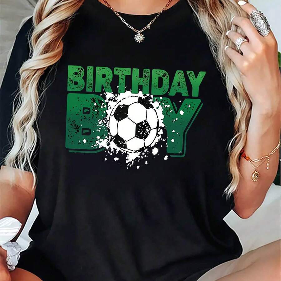 Fashionable Creative Women's Birthday Football Print T-Shirt, Round Neck And Short Sleeve, Casual And Simple Sports T-Shirt, Comfortable Summer Vacation Top For Women - 黑色 - 查看 1