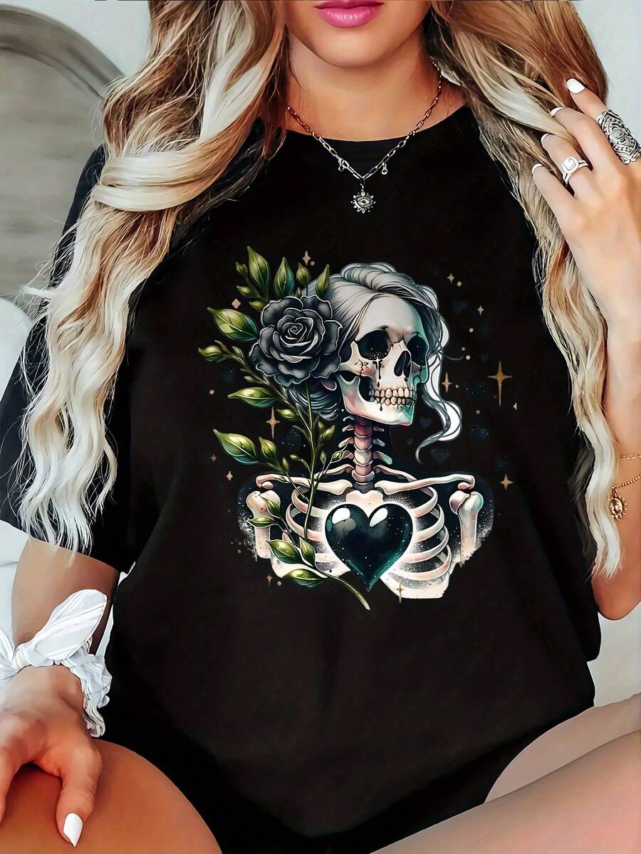 Plus Size - Women's Graphic T-Shirt With Gothic Skull And Roses Design - Casual Black Crew Neck T-Shirt With White Skeleton And Blue Roses Design, Soft And Stretchy Fabric - 黑色 - 查看 1