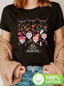 Women's Vibrant Sugar Skull T-Shirt - Casual Short Sleeve Crew Neck Top With Colorful Cartoon Skull Floral Print, Perfect For Spring And Summer, Festive Wear | Day Of The Dead Clothing | Comfortable - 黑色 - 查看 1