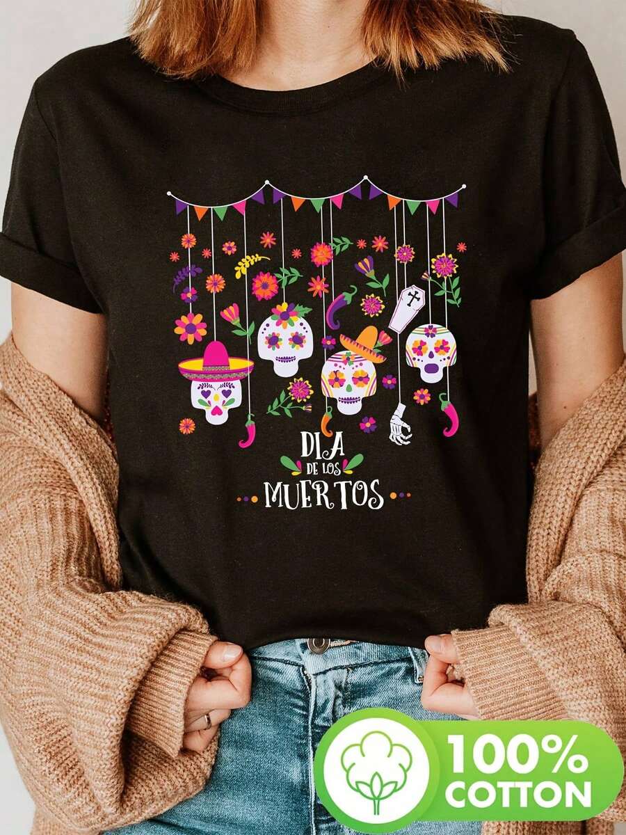 Women's Vibrant Sugar Skull T-Shirt - Casual Short Sleeve Crew Neck Top With Colorful Cartoon Skull Floral Print, Perfect For Spring And Summer, Festive Wear | Day Of The Dead Clothing | Comfortable - 黑色 - 查看 1