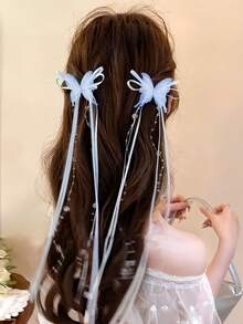 2 pièces/set Pinces à cheveux avec nœud papillon à gland bleu éthéré, design papillon transparent + Bandeau à chaîne de perles fausses à gland éthéré, essentiel pour la saison des mariages - Convient aux femmes et aux filles, adapté pour le quotidien, les rendez-vous, les sorties, l'école, les séances photo dans divers scénarios, crée facilement l'ambiance, l'été, les vacances, les voyages, les festivals, les anniversaires - Multicolore - Voir 1