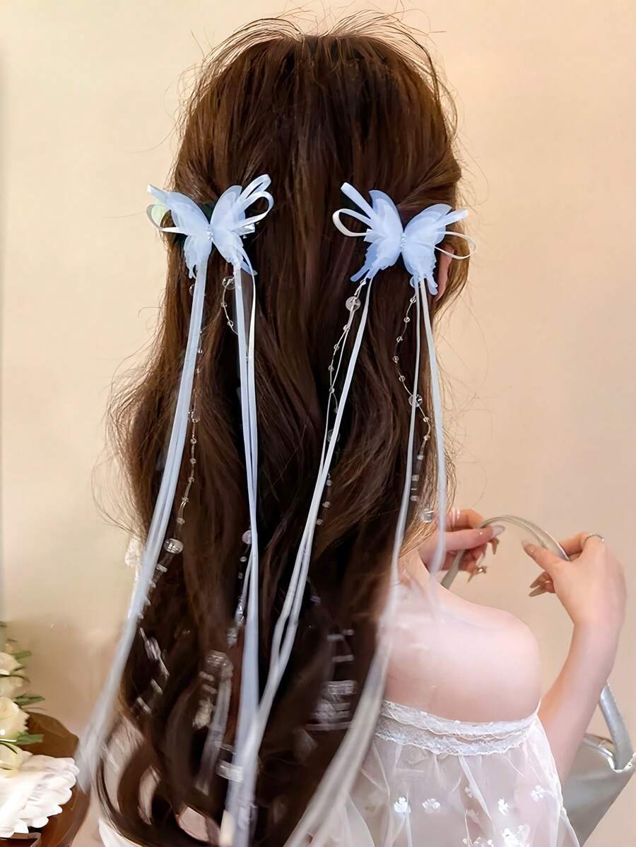 2 pièces/set Pinces à cheveux avec nœud papillon à gland bleu éthéré, design papillon transparent + Bandeau à chaîne de perles fausses à gland éthéré, essentiel pour la saison des mariages - Convient aux femmes et aux filles, adapté pour le quotidien, les rendez-vous, les sorties, l'école, les séances photo dans divers scénarios, crée facilement l'ambiance, l'été, les vacances, les voyages, les festivals, les anniversaires - Multicolore - Voir 1