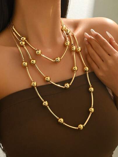 This 3-Piece Set Features A Sophisticated CCB Bamboo-Style Multi-Layered Necklace With Delicate Metal Beads And A Thin Chain, Exuding A Gentle, Elegant, And Refined Charm. Its Simple Yet Sophisticated Design Makes It Versatile And Can Be Worn Alone Or Layered, Suitable For Everyday Wear, Commuting, Dates, And Many Other Occasions.