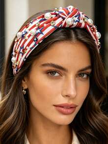 1pc New Beaded & Rhinestone Knotted Wide Headband, Holiday Party Headpiece, Versatile Hairband For Outdoor Wear - Multicolor - View 9