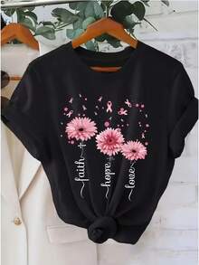 Women's Round Neck T-Shirt With Pink Floral Print And "Faith Hope Love" Lettering, Inspirational Casual Short Sleeve Style, Regular Fit, Soft, Fashionable For Summer - 黑色 - 查看 7
