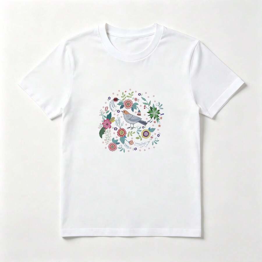Floral Bird White Cotton T-Shirt Boho Style Soft - 白色 - 查看 1