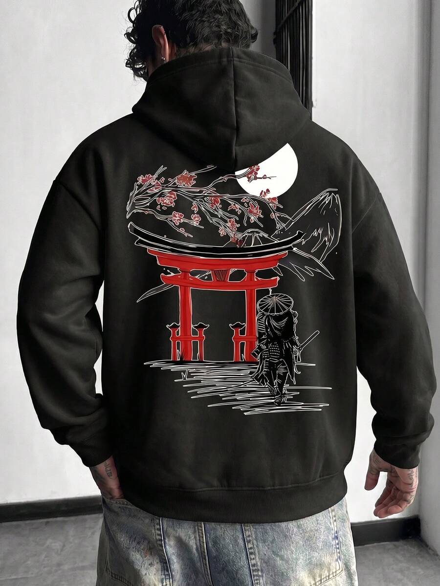 Hoodie Sweatshirt Krometka Pria Musim Gugur/Dingin Motif Aprikot yang Dipersonalisasi | Gaya Torii Prajurit Jepang
