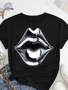 Plus Size T-Shirt With Round Neck, Rainbow Lips Print And Drop Design, Colorful, Fun And Fashionable T-Shirt, Plus Size T-Shirt For Women, Short Sleeve T-Shirt, Fashionable Casual Top, Women's Clothing For Spring/Summer, Mother's Day/Anniversary/June 10, Sizes 0X-4X. - 黑1 - 查看 1