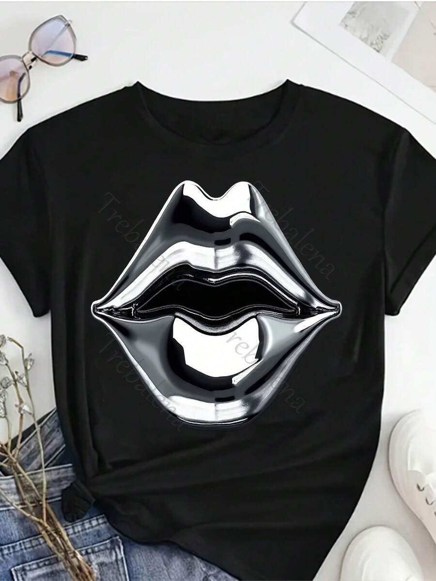Plus Size T-Shirt With Round Neck, Rainbow Lips Print And Drop Design, Colorful, Fun And Fashionable T-Shirt, Plus Size T-Shirt For Women, Short Sleeve T-Shirt, Fashionable Casual Top, Women's Clothing For Spring/Summer, Mother's Day/Anniversary/June 10, Sizes 0X-4X. - 黑1 - 查看 1