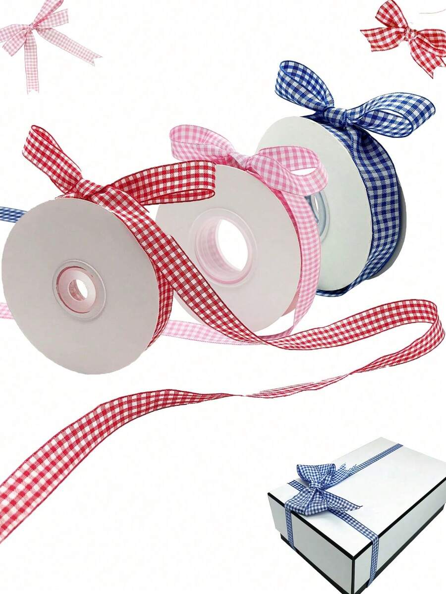 1Roll Plaid Gift Ribbon, College Style DIY Gift Satin Ribbon Suitable For Bouquet Packaging, Cake Decoration, Hand-Woven Gift Wrapping Rope, Birthday Gift Packaging, Party, Back To School Gift Decoration, Holiday Party Decoration, Christmas Decoration. - 1 Volume - View 1