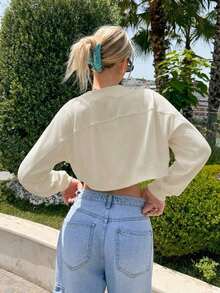 Sudadera corta de manga larga de unicolor para mujer, simple y casual para uso diario - Blanco - Ver 2