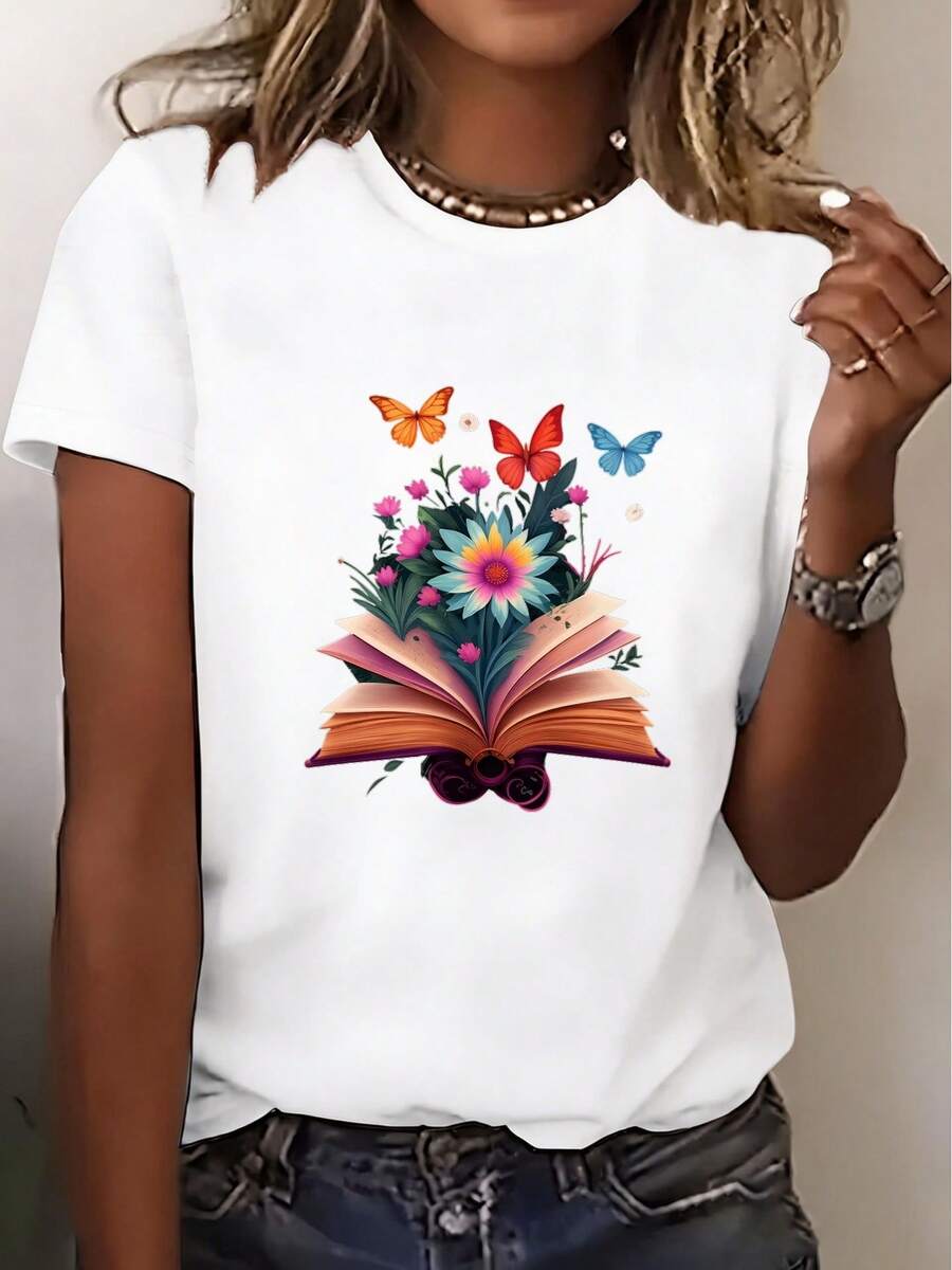 3388 New Women's Short Sleeve T-Shirt, Essential For Summer Travel, Dates, Gifts, Holidays And Beach Outings, Floral Print Design - Unisex Cotton Loose Fit Short Sleeve Crew Neck Urban Vintage Style T-Shirt. - 白色 - 查看 1