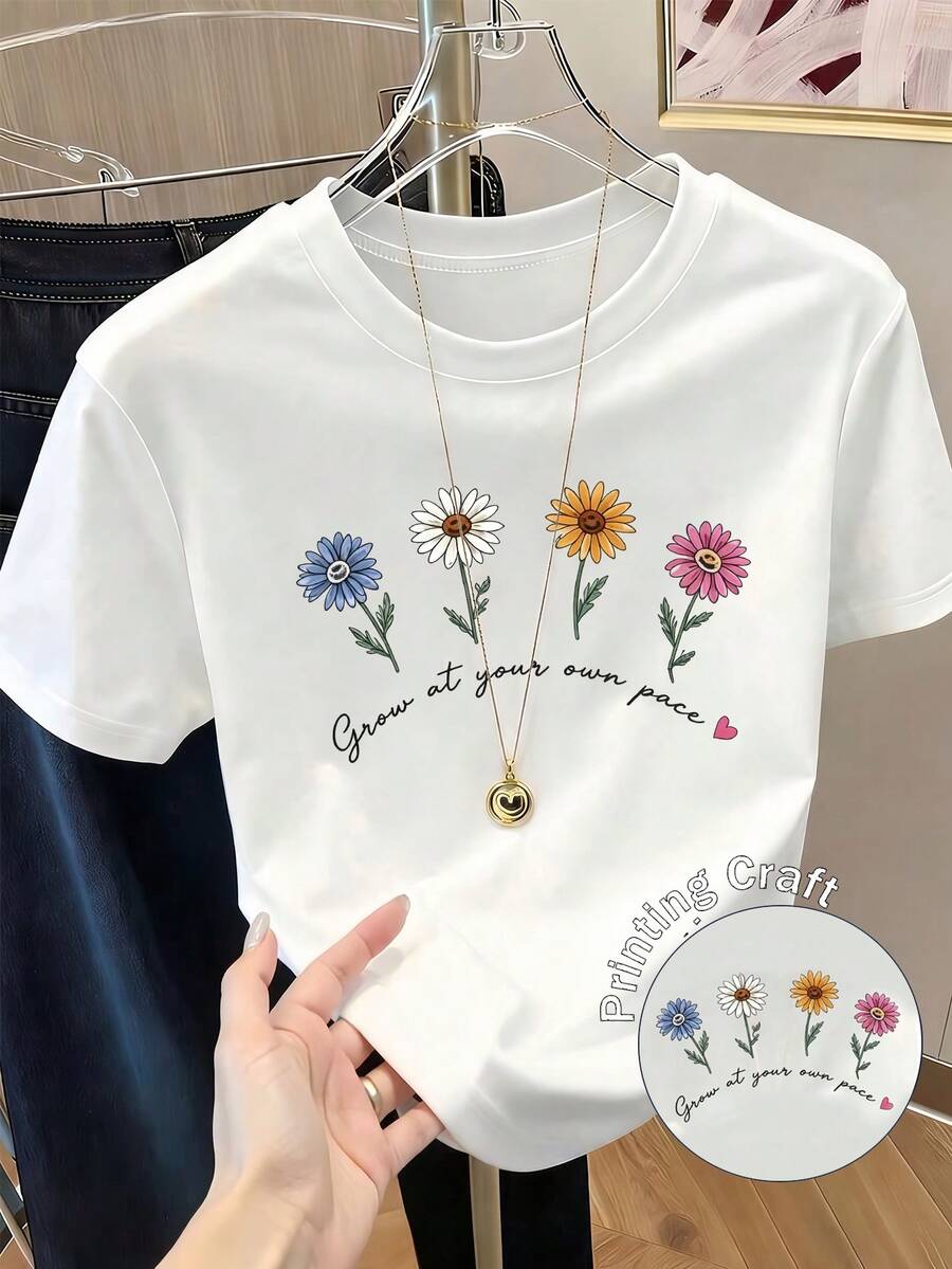 Women's Short-Sleeved Printed T-Shirt, Spring Clothing, Holiday Outfit, White For Summer, Beach Look, Vacation Style, Country Style, Women's Office Outfit. - 白色 - 查看 1