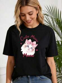 1 Piece Of Women's Pure Cotton Cat Print T-Shirt, New Design 2026 Print T-Shirt, Casual Round Neck T-Shirt For Spring And Summer, Women's Daily Wear T-Shirt, White/Black/Pink/Yellow/Green/Navy/Red, 180g, 100% Cotton. - 黑色 - 查看 1