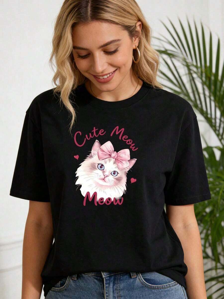 1 Piece Of Women's Pure Cotton Cat Print T-Shirt, New Design 2026 Print T-Shirt, Casual Round Neck T-Shirt For Spring And Summer, Women's Daily Wear T-Shirt, White/Black/Pink/Yellow/Green/Navy/Red, 180g, 100% Cotton. - 黑色 - 查看 1